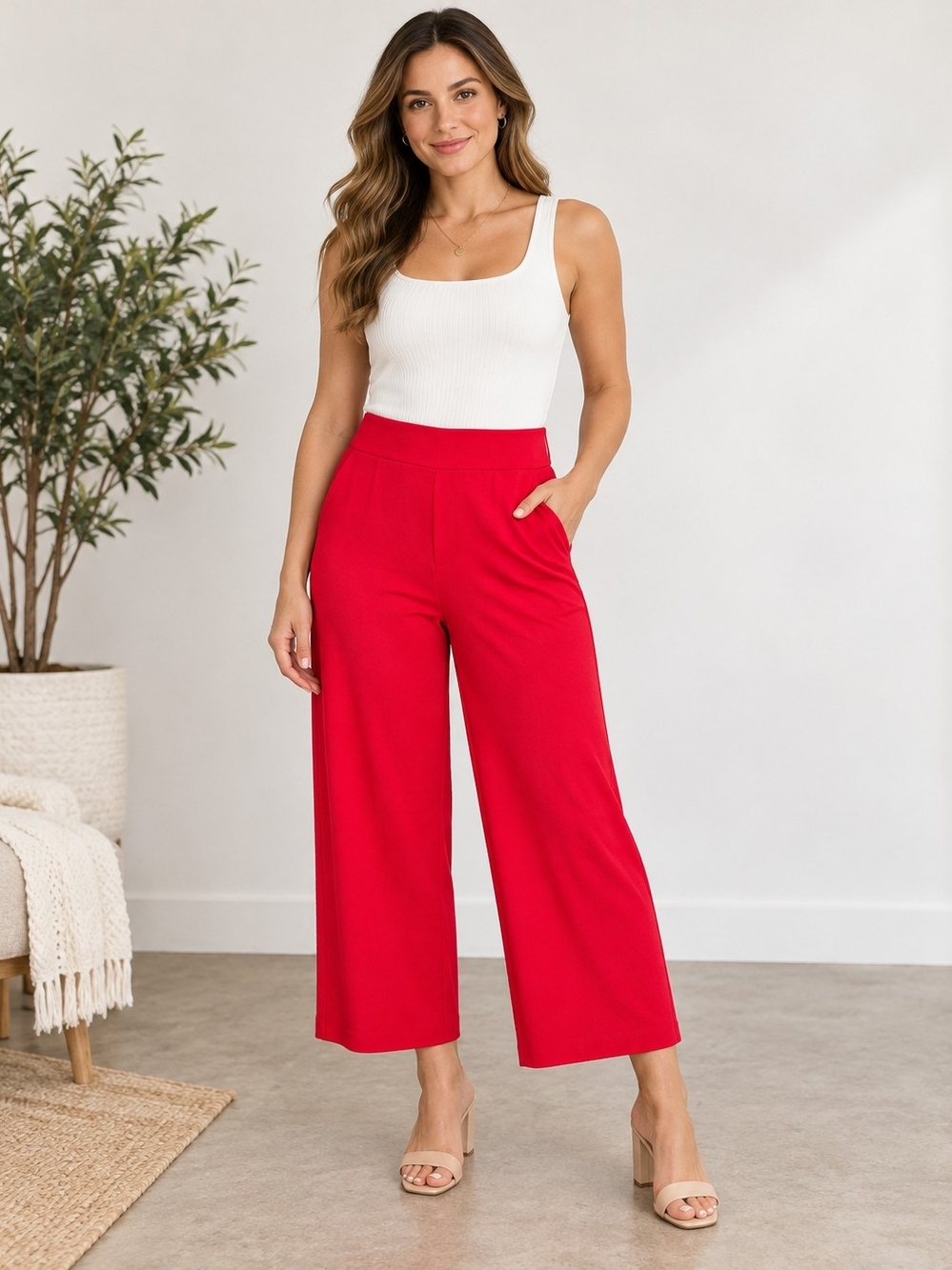 Dear Scarlett Magic Pants Large Red Cropped Wide Leg Pull On NWT